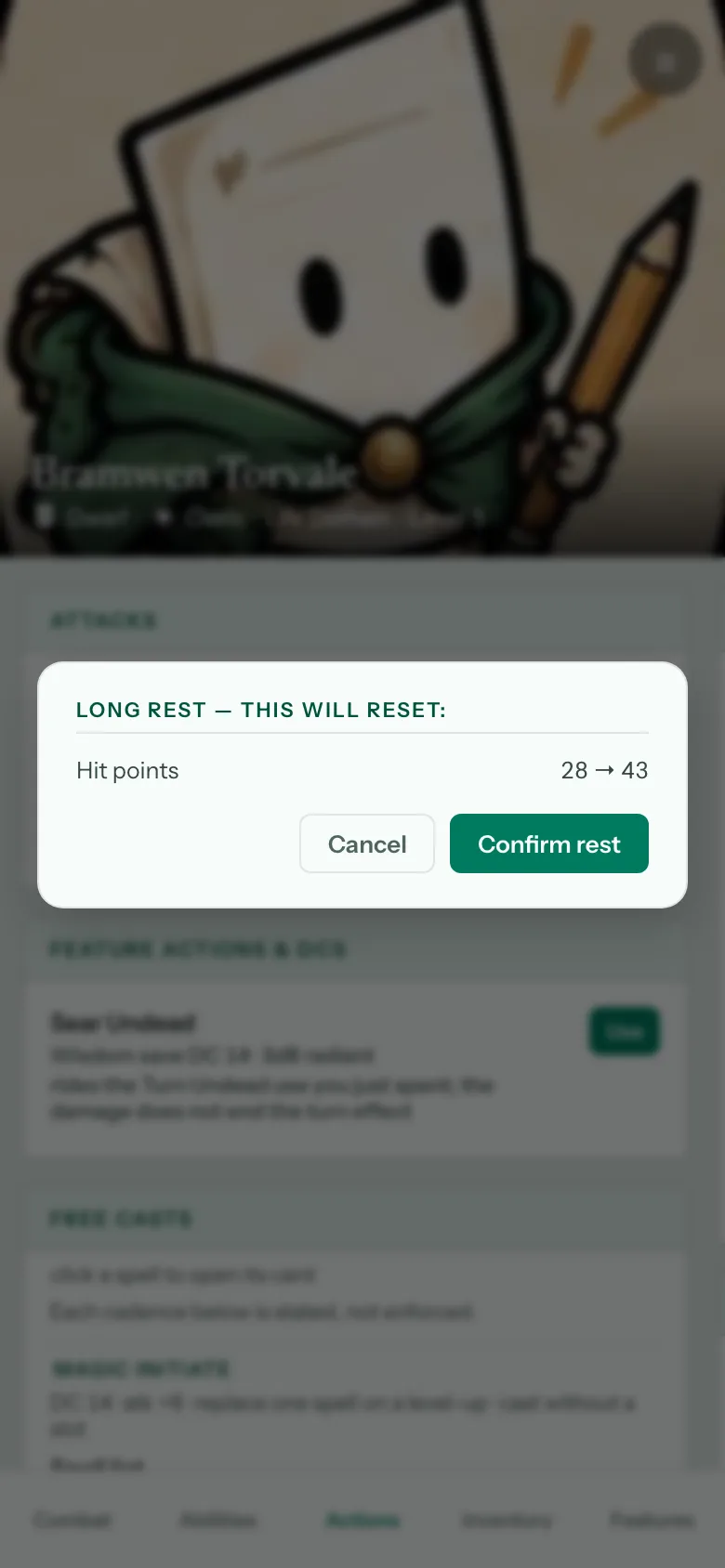 A long rest preview dialog listing what it will reset, with Cancel and Confirm rest buttons.